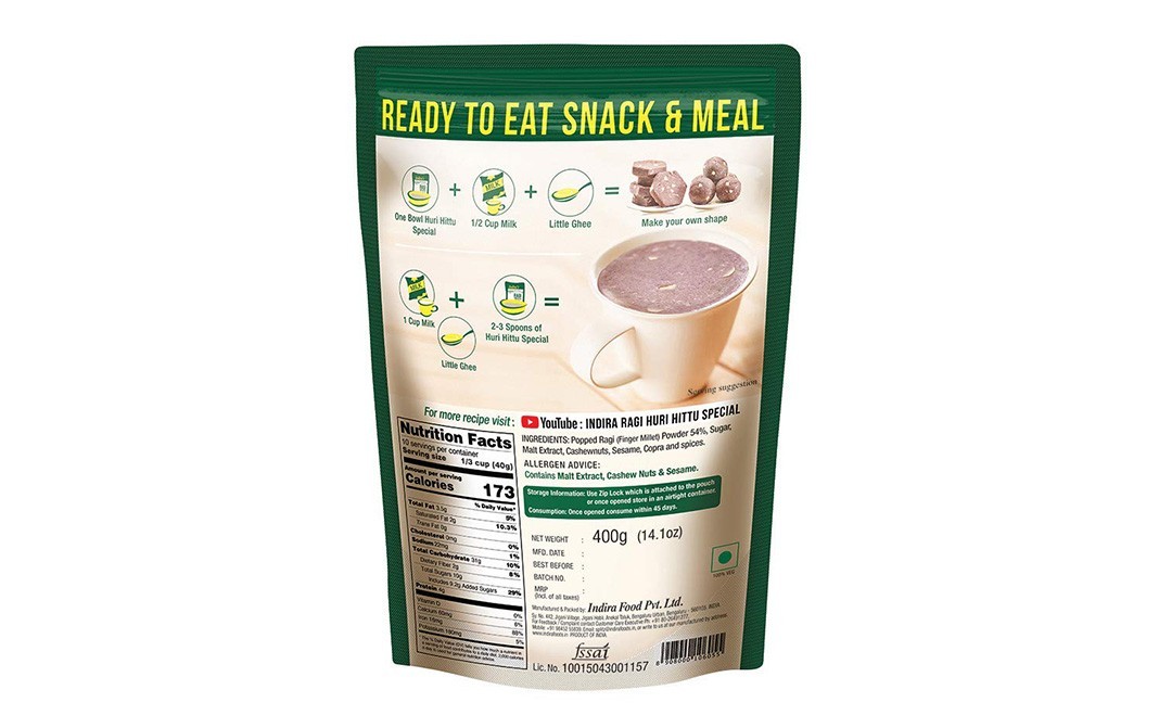 Indira's Ragi Huri Hittu With Malt Extract & Nuts   Pack  400 grams